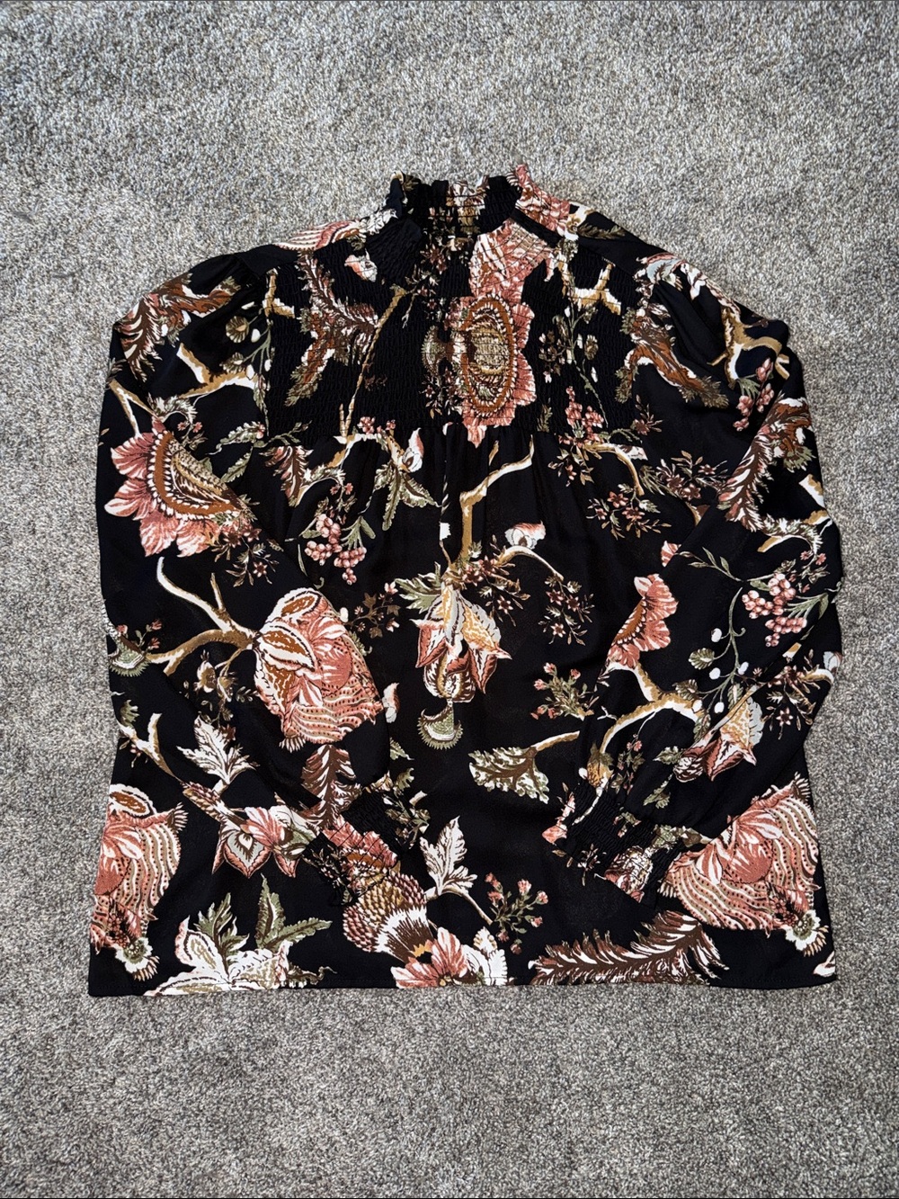 MAISON D’AMELIE High-Neck Floral Blouse - Black with Rose & Olive Print. Size M.